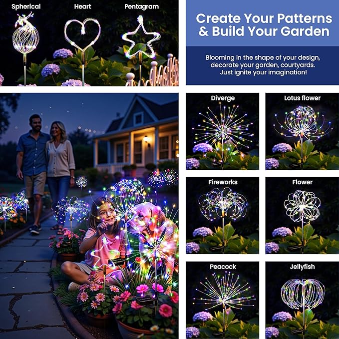 Solar Lights Outdoor, 120LED 4pack Fairy Garden Lights Decor for Outside Fireworks Lights Solar Powered for Yard, Patio, Pathway, Walkway, Balcony,Multicolor