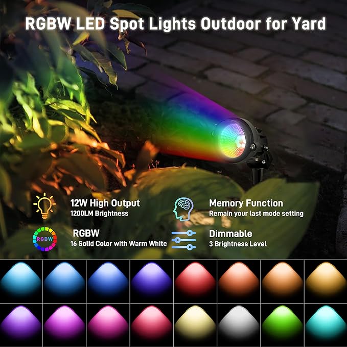 12W RGBW Color Changing Landscape Spotlights, 110V Plug-in Outdoor LED Spot Lights with Remote Control, IP65 Waterproof Garden Tree Lights for Yard Pathway Halloween Christmas Decoration (6 Pack)