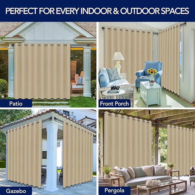 PureFit Outdoor Curtains for Patio Waterproof Weatherproof, UV Resistant Outside Curtains for Gazebo, Front Porch, Pergola, Sun Blocking Privacy Curtain, 150W x 84L inch, 1 Panel, Beige
