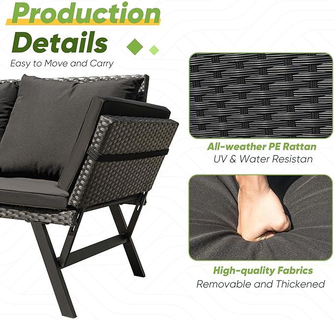 Greesum Outdoor Sofa, Woven Rattan Patio Furniture, Convertible Daybed or Double Chair with Adjustable Armrests, Cushions and Pillows for Yard, Porch, Pool, Black Lounger & Black Pillowcase