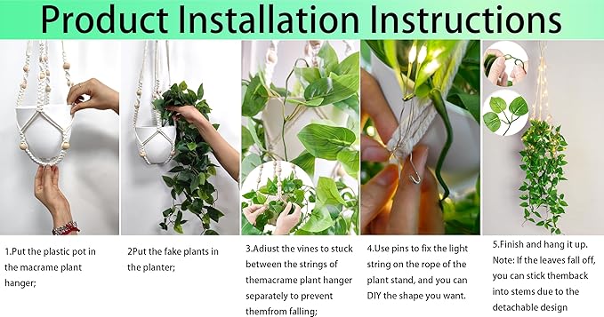 Comtelek Fake Hanging Plants with Lights Artificial Plants for Home Decor Macrame Plant Hanger with Fake Vines Faux Hanging Planter for Wall Ceiling Bedroom Bathroom Kitchen Office Boho Decor Indoor