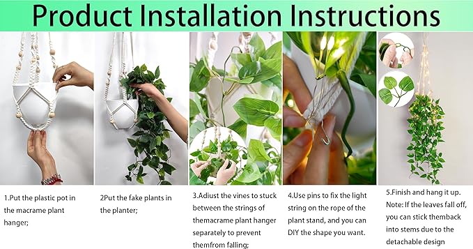 2 Packs Fake Hanging Plant with lights Artificial Plants with Pots for Home Decor Macrame Plant Hanger with Faux Vines Greenery for Bedroom Bathroom Room Ceiling Wall Boho Decor Indoor Outdoor