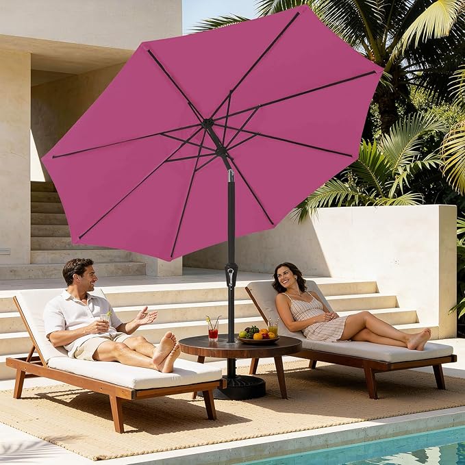 MEWAY 9ft Patio Umbrella Outdoor Table Umbrellas with Push Button Tilt and Crank, Market Umbrella 8 Sturdy Ribs for Deck, Garden, Pool and Backyard, Pink