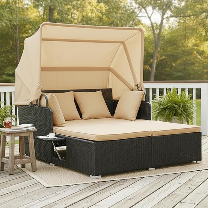 Tangkula Patio Rattan Daybed with Retractable Canopy, Outdoor Wicker Sunbed Lounger with 2 Foldable Side Tables, Thick Seat & Back Cushions, Outside Double Daybed for Garden, Backyard, Porch