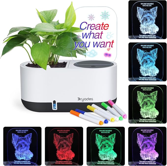 Self-Watering Plant Pot with LED Note Board & 7 Colors Pen, Led Acrylic Message Board with Plant Pot,Dog Board Night Light with Planting Pot for Christmas/Thanksgiving/Gifts(No Plant&Seed)