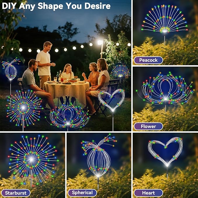 Garden Outdoor Lights, 4 Pack 120 LED Solar Garden Lights Fairy Lights Outdoor Waterproof Decorative Solar Firework Lights for Yard Patio Pathway Flowerbed Party Wedding Decor, Multicolor