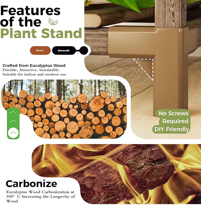 Bamworld Plant Stands with Grow Light Indoor 4 Sets Plant Shelves Outdoor Wooden Plant Holder for Multiple Plants Flower Stands Window Warm Light