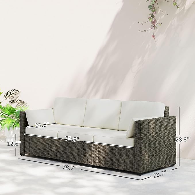 Outsunny Patio Couch PE Wicker Deep Seating Outdoor Sofa with Removable Cushions, 3 Seater Rattan Sofa, Outdoor Furniture for Balcony, Deck, Garden and Poolside, Cream White