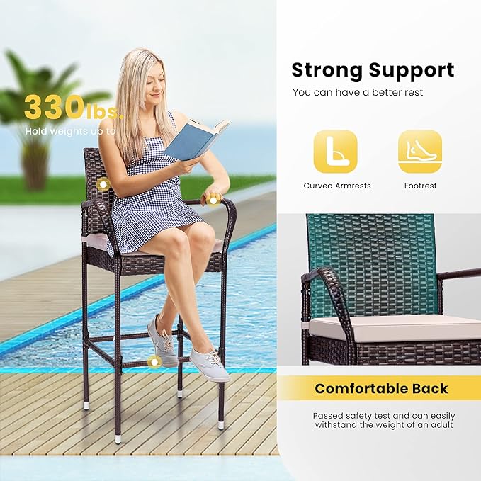 VIVOHOME 4 Packs Outdoor Wicker Barstool Patio Rattan Furniture with Armrests and Cushions, Brown