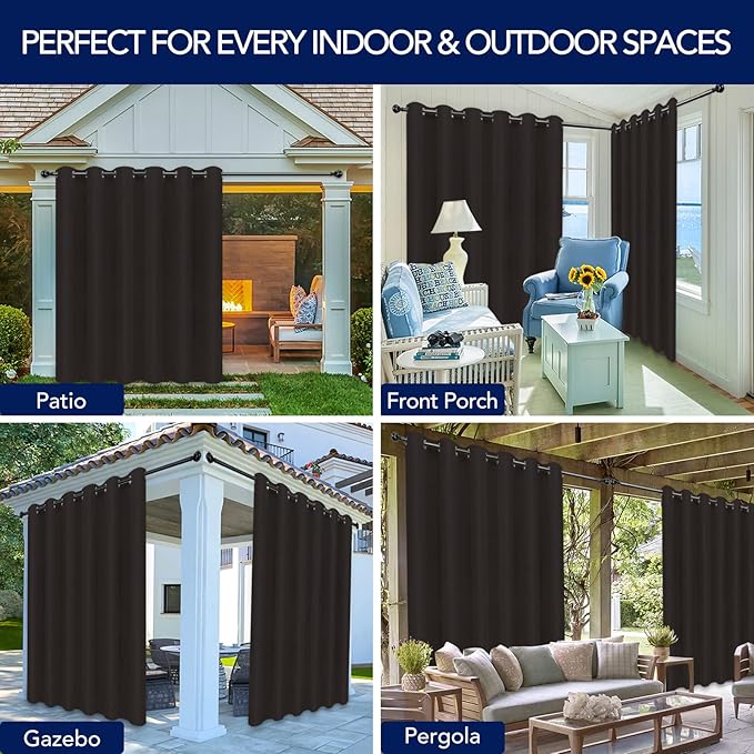 PureFit Outdoor Curtains for Patio Waterproof Weatherproof, UV Resistant Outside Curtains for Gazebo, Front Porch, Pergola, Sun Blocking Privacy Curtain, 100W x 84L inch, 1 Panel, Chocolate