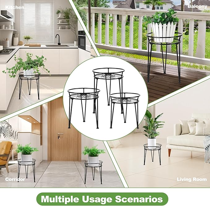 Metal Plant Stand, Plant Stand Indoor Outdoor, Metal Rustproof Flowers, Urban and Rustic Outdoor Plants Stands, Flower Pot Stand Suitable for Living Room, Balcony, Garden (3PCS,Black)