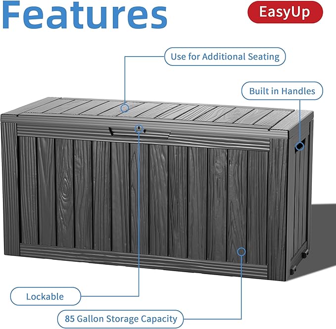 EasyUp 85 Gallon Outdoor Storage Box, Resin Waterproof UV-Resistant Deck Box, Reinforced Stability for Patio, Garden, and Poolside, Striped Black