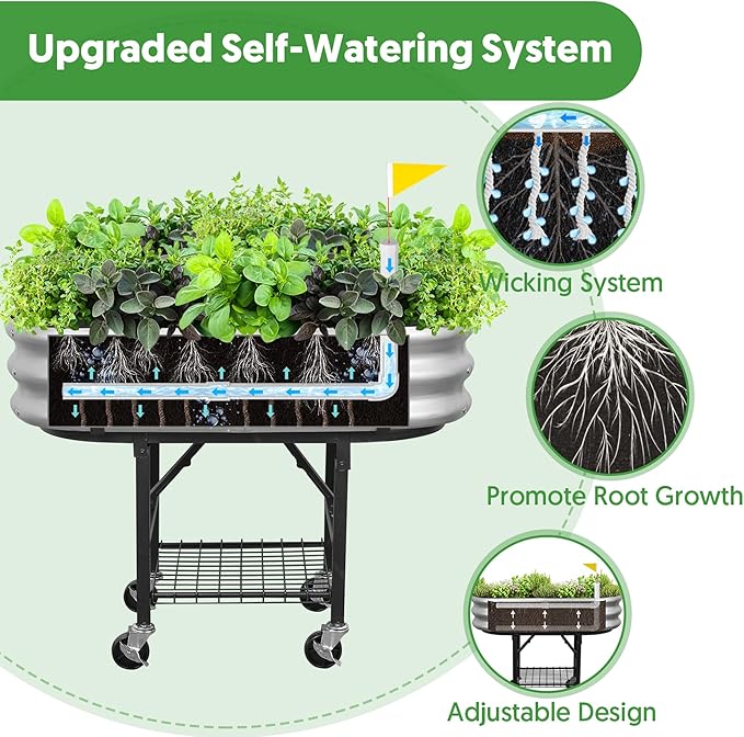 Raised Garden Bed with Legs and Heavy Duty Wheels, Self-Watering Planter Box, Easy-Install Foldable Stand, Galvanized Metal Elevated Wicking Bed with Liner for Indoor Outdoor Gardening