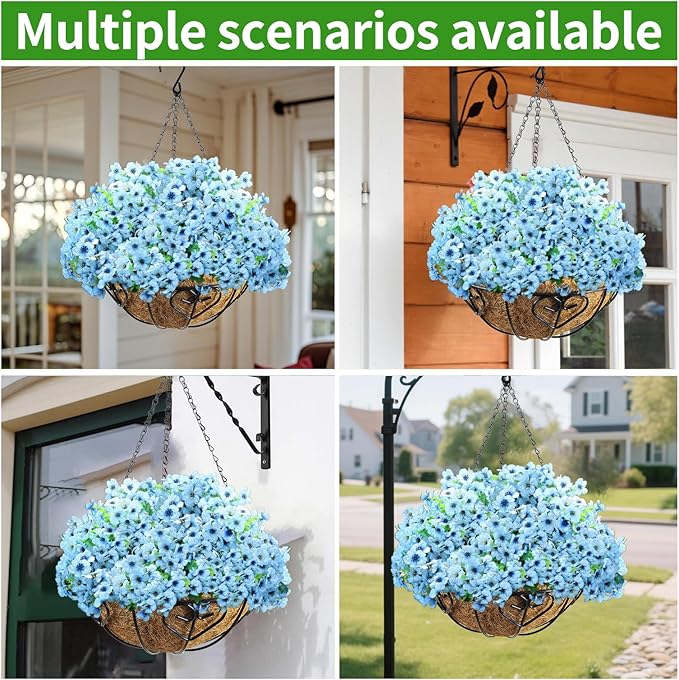 Artificial Hanging Flower for Outdoors, Fake Hanging Basket for Outside,1 Hanging Basket with 13 Pcs Faux Silk Flowers for Porch, Balcony and Patio Decor(Blue)