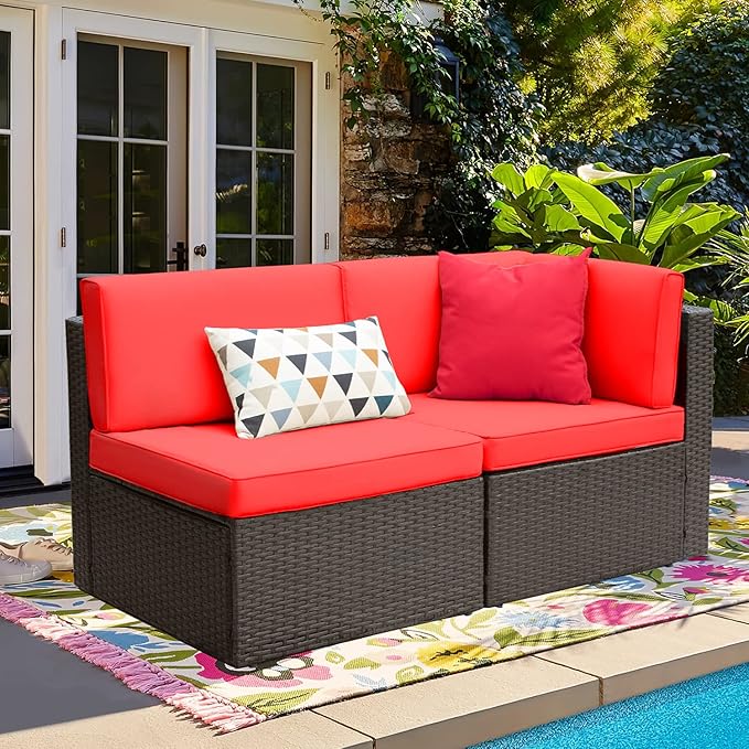 Devoko 2-Piece Modern Red Rattan & Metal Patio Sofa Set - Sectional Corner Sofa & Armless Sofa