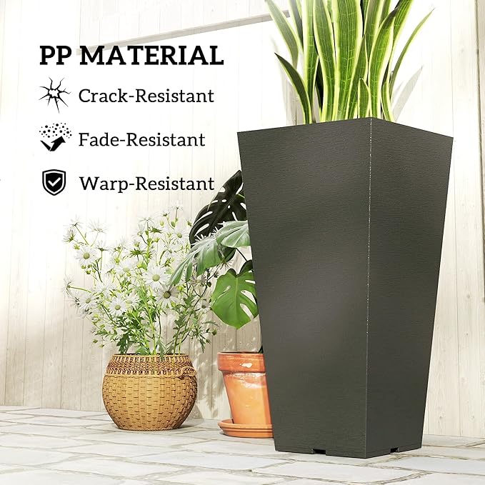 Outsunny 23 Inch Tall Planters for Outdoor Plants, Set of 2 Plastic Flower Pots, Weather and UV Resistant Stackable Tapered Large Planters for Front Door Patio Garden Use, Black