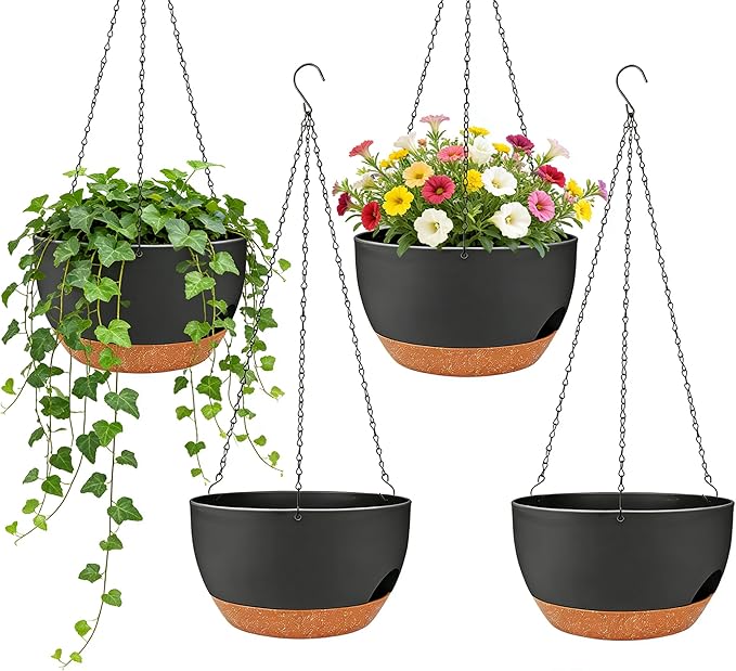 Set of 4-8 Inch Self Watering Hanging Planters for Indoor Outdoor，Hanging Plant Pots with Drainage & Removable Tray, Hanging Pots Holder for Ivy, Pothos, Ferns, Balcony & Patio, Black Brown