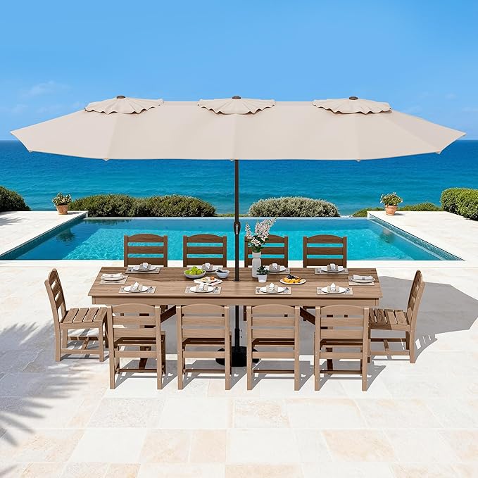 SERWALL 11 Piece Outdoor Dining Set, 84" HDPE Outdoor Large Dining Table and Chairs Set for 10，All Weather Patio Dining Furniture Set with Umbrella Hole for Backyard, Garden, Brown