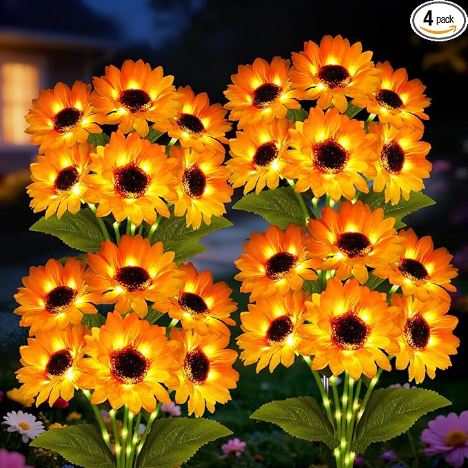 4 Pack with 24 Solar Sunflower Lights Outdoor Decorative Lights for Garden, Birthday Gift for Mom and Friends, IP65 Waterproof Sunflower Garden Stake Lights for Yard Patio Lawn Pathway