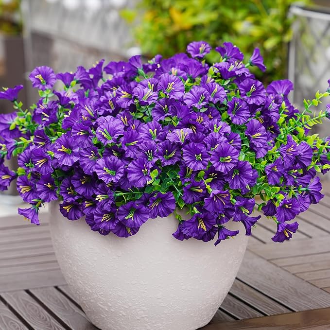 Artificial Flowers for Outdoors, UV Resistant Fake Silk Morning Glory, Realistic Faux Plants for Outside Porch Patio Window Box Hanging Planter (16, Purple)