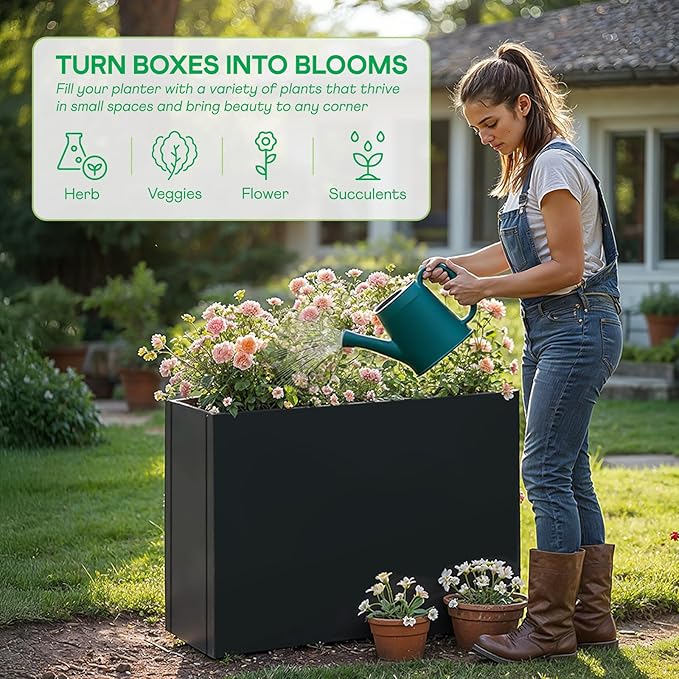 IDZO 35.4" W x 25.6" H Metal Planter Box, Privacy Trough for Patio, Rectangle Container for Outdoor Plants, Tall Large Rectangular Steel Bed for Outdoor Greens with Drainage Holes & Adjustable Feet