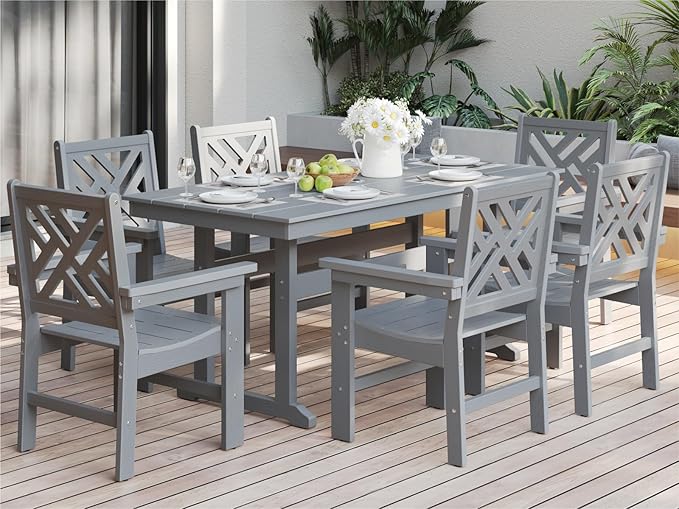 7-Piece Outdoor Dining Set, HDPE All-Weather Patio Table and Chairs Set for 6, Outdoor Patio Furniture Sets with Umbrella Hole for Outside, Deck, Backyard, Garden (Grey)