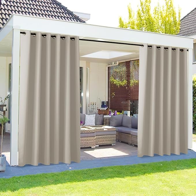 NICETOWN Outdoor Curtain for Patio Waterproof Extra Wide 84 inch, Sun Blocking Vertical Blinds Thermal Insulated Stainless Grommet for Front Porch/Gazebo/Lanai, Natural, 1 Piece, 84 inch L