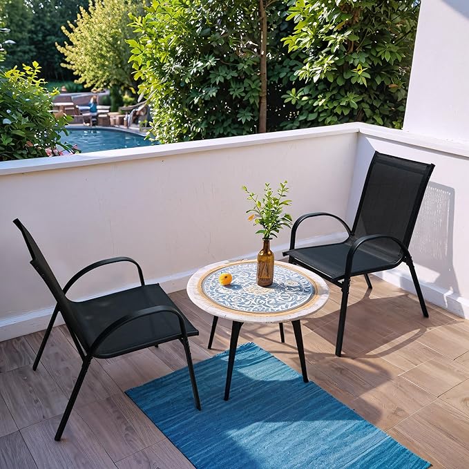 Flamaker Patio Chairs Stackable Dining Chairs Set of 4 Metal and Teslin Outdoor Chairs for Lawn Deck Porch Balcony (Black)