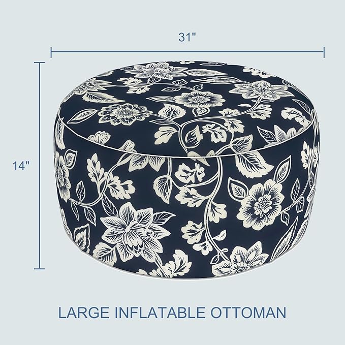 LVTXIII Indoor/Outdoor Extra Large Inflatable Ottoman Pouf D31 x H14 Inch, Round Footstool with Handle, Weather-Resistant Portable Furniture for Patio, Camping, Beach, Elegant Vines Navy