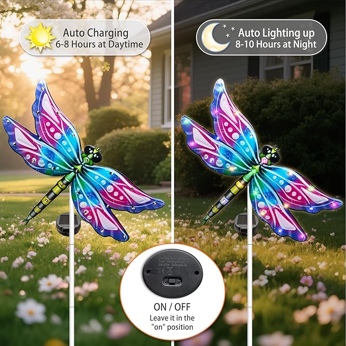 Hexagram Dragonfly Garden Decor, Dragonfly Garden Stakes Set of 2, Gardening Gifts Solar Stake Lights Decorations, Light for Patio Yard Lawn Home Pathway Decor