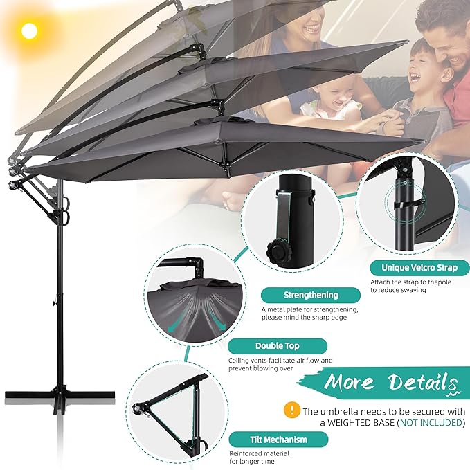 Shintenchi Patio Offset Umbrella with Easy Tilt Adjustment,Crank and Cross Base, Outdoor Cantilever Hanging Umbrella, Sunshade Free Standing Canopy, Dark Gray