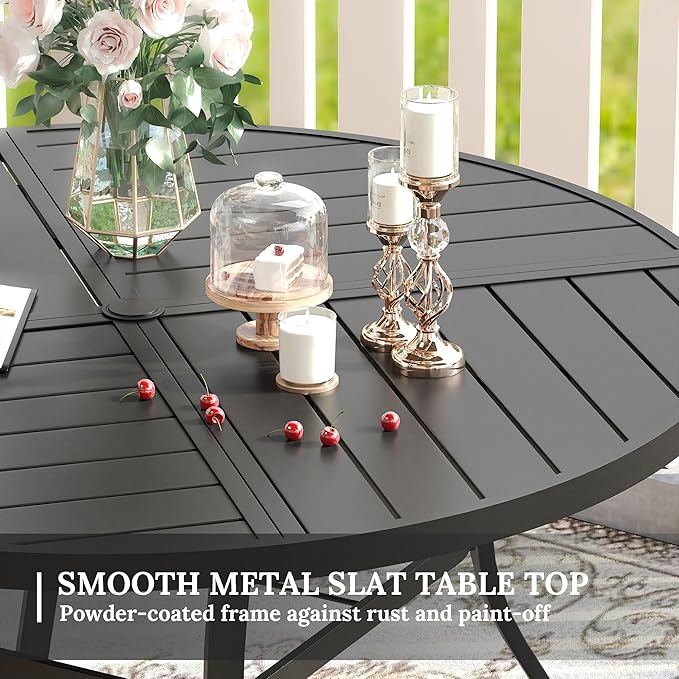VICLLAX Round Patio Table with Adjustable Umbrella Hole for 8, All Weather Metal Outdoor Dining Table for Lawn Garden, 59.8" Outdoor Coffee Table, Black Tabletop