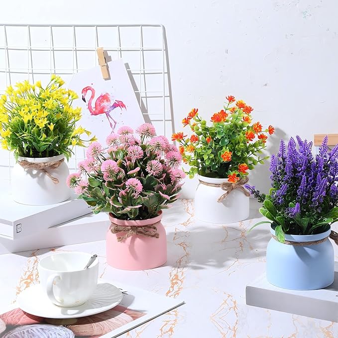 Cindeer 12 Pcs Large Artificial Potted Flowers Fake Potted Plants Plastic Faux Flowers for Home Decor Indoor Artificial Plants in Pots for Wedding Home Desk Tabletop Outdoor Office Kitchen (Vintage)