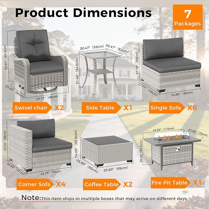 14-Seat Outdoor Wicker Patio Furniture Set with Fire Pit Table, Modular Rattan Sectional Sofa & 2 Swivel Rocking Chairs, 4" Thick Cushions, Rust-Resistant Frame,Black
