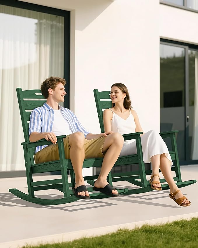 SERWALL Outdoor Rocking Chair Set of 4, Oversized HDPE Patio Rocking Chair with Footrest for Adults, All Weather Porch Rocker for Deck Patio Balcony, Green