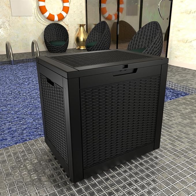 31 Gallon Outdoor Deck Box, Lockable Waterproof Outdoor Storage Boxes For Garden Tools,Indoor Cushions,Accessories Outside Storage Resin Weatherproof Container(Black)