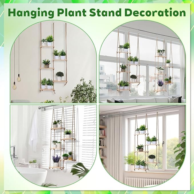 Novabright Window Hanging Plant Shelf with Wooden Shelves Macrame Rope Hanging Plant Stand with 3 S Hooks for Indoor Outdoor Bedroom Window Sill Balcony Boho Decor(Wood Color,2 Pcs)