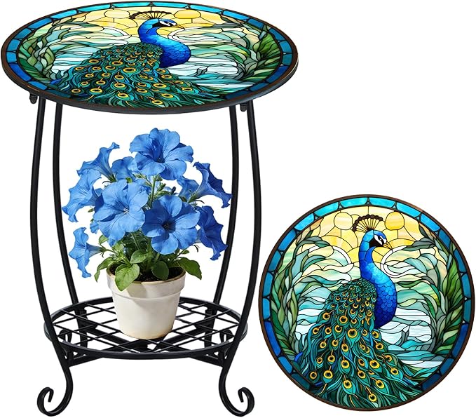 Outdoor Side Table Round Small Mosaic Patio Accent Indoor End Plant Coffee Tea Table for Yard Patio Porch Garden Living Room, Bedroom(Peacock Style,18 Inch)
