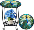 Outdoor Side Table Round Small Mosaic Patio Accent Indoor End Plant Coffee Tea Table for Yard Patio Porch Garden Living Room, Bedroom(Peacock Style,18 Inch)