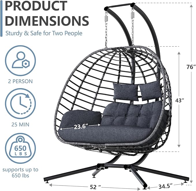 SWITTE Double Egg Swing Chair with Stand, Outdoor Patio 2 Person Hanging Wicker Hammock Chairs with Cushion for Indoor Bedroom, Lawn, Garden-Dark Grey
