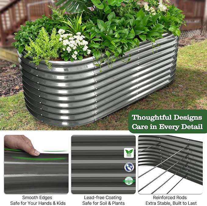 A ANLEOLIFE Set of 6, 30 Inch Extra Tall Galvanized Raised Garden Beds Kit, Large Oval & Round Metal Planters – Ideal for Backyard Vegetables Flowers Herbs, Quartz Grey