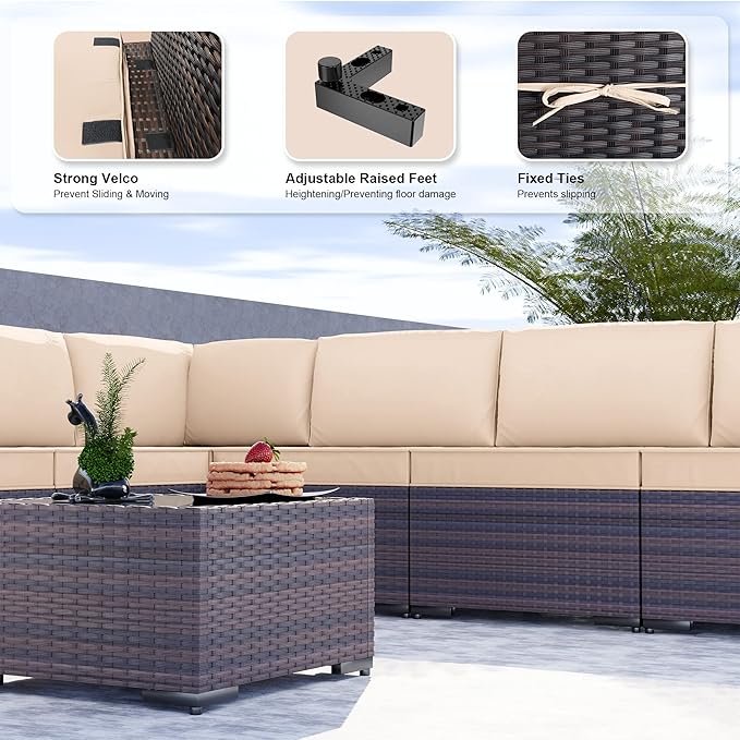 Kullavik 9 Pieces Outdoor Patio Furniture Set PE Wicker Rattan Sectional Sofa Patio Conversation Sets,Sand