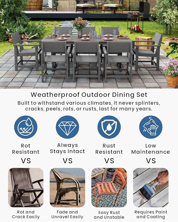 9-Piece Outdoor Dining Set, HDPE Weatherproof Patio Table and Chairs Set for 8, Outdoor Patio Furniture Sets with Umbrella Hole for Outside, Deck, Backyard, Garden (Grey)