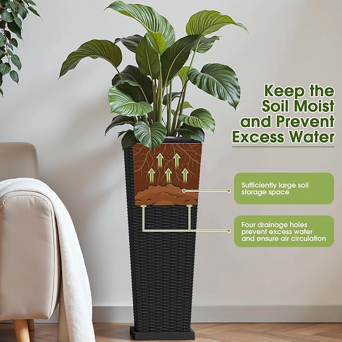 Devoko Resin Tall Planters with Tray for Outdoor Plants Set of 2, Large Taper Outdoor Planter Pots with 4 Drainage Holes, Flower Pots Modern Decor for Porch, Patio, Backyard, Garden(Black, 32")