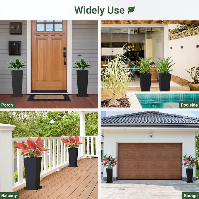 Tall Planters 20" H - 2 Pack, Tapered Pots with Drainage Insert Shelve & Trays, Metal Outdoor Planter Box for Porch, Garden, Patio, Yard (Black)