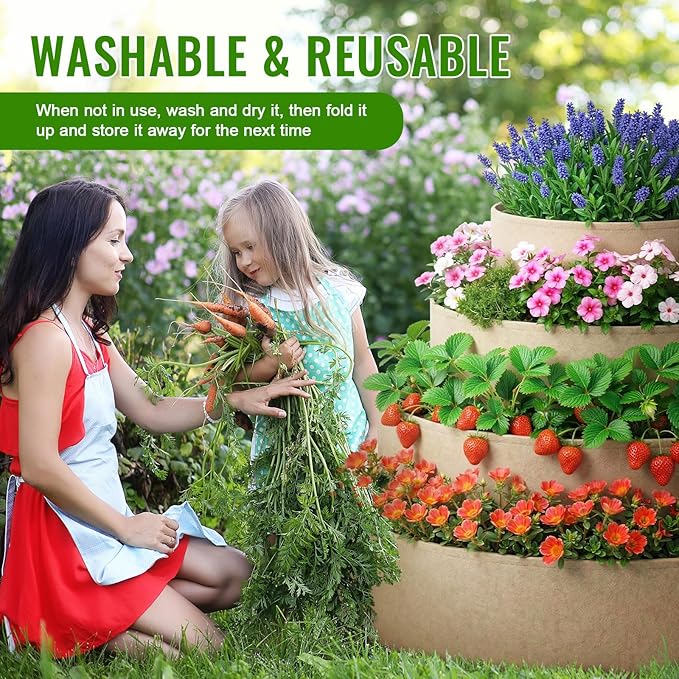 4 Pcs Plant Grow Bags 4 Tiered Strawberry Planter Tower Fabric Raised Garden Beds, 39 Inch Nonwoven Strawberry Pyramid Planter for Vegetables Flower Herbs Gardening Outdoor Growing (Khaki)