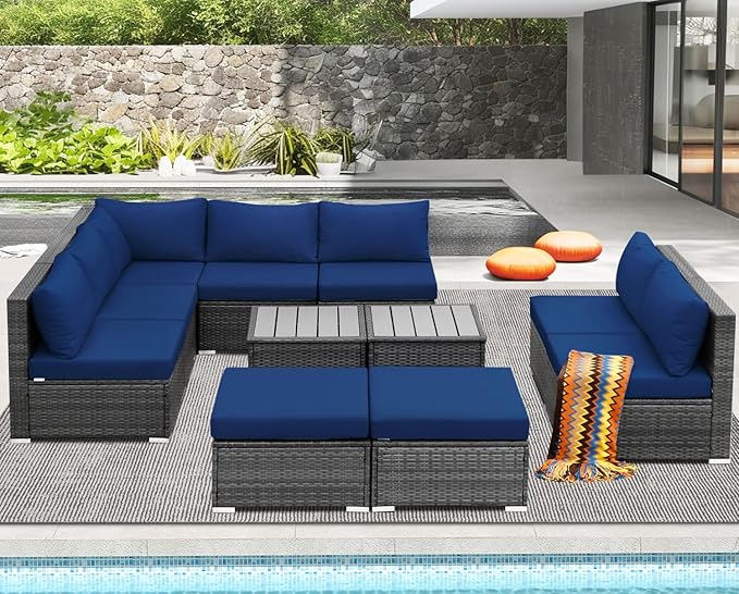 NICESOUL 11 Piece High-End Outdoor Furniture Set, 29.3'' High Back XL Big Size Wicker Patio Sectional, Wide Deep Comfy Conversation Sofas for Garden Deck Backyard Porch, 2 Color Cushion Navy & Grey