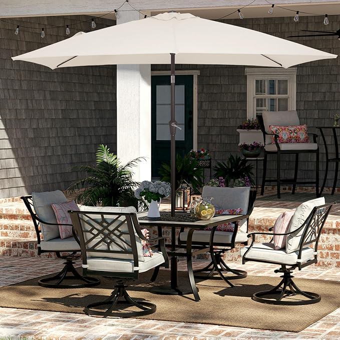 JEAREY 6.5x10 ft Rectangular Patio Umbrellas Rectangle Outdoor Umbrella with Push Button Tilt and Crank, Market Table Umbrella 6 Sturdy Ribs UV Protection for Poolside Garden Backyard Deck, Cream White
