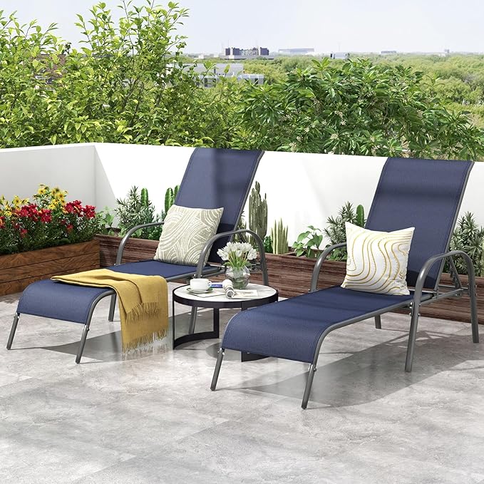Giantex Patio Lounge Chair, Outdoor Chaise Lounge with 5 Adjustable Backrest, Sturdy Steel Frame, Sunbathing Recliner, Tanning Chair for Beach, Outside, Yard, Balcony, Pool Chairs, Navy