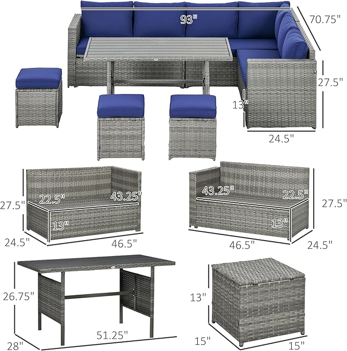 Outsunny Wicker Outdoor Patio Furniture Set, L-Shaped 7 Piece Outdoor Dining Sectional Sofa with Dining Table and Chair, Storage Loveseat, Ottomans and Cushions, Dark Blue
